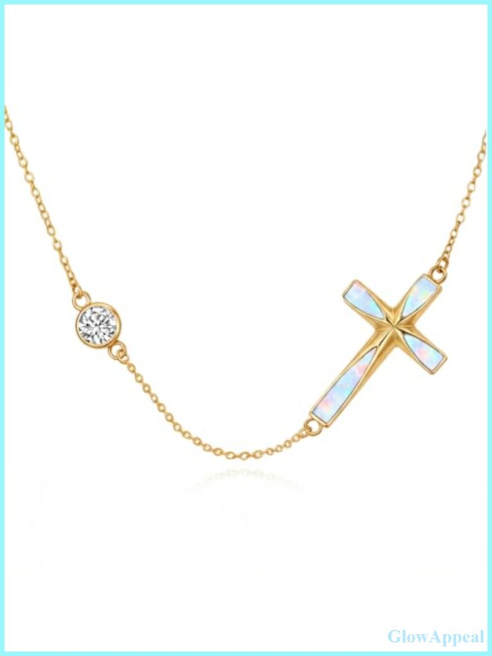14K Gold Plated Sideways Cross Necklace Opal Inlay Christian Gift